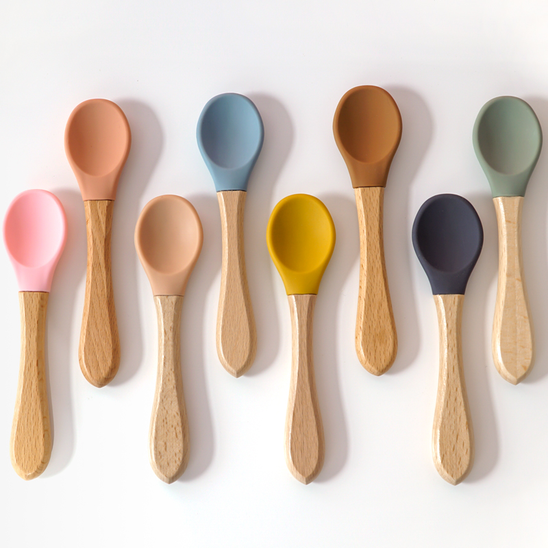 Baby Food Utensil - Memberi Makan Pegangan Kayu Sendok Silikon